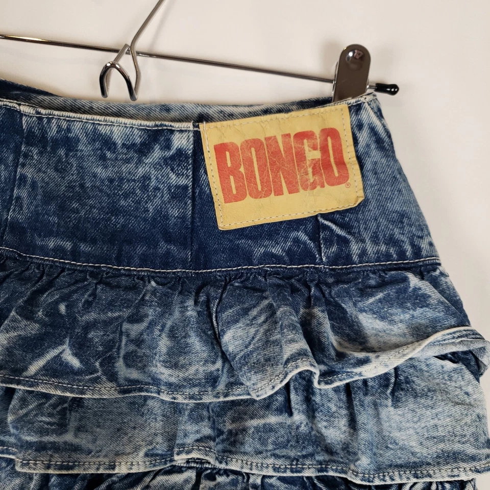 Vintage Bongo Denim Mini Skirt Juniors 5 Blue Acid Wash Ruffle Back 90s *Stain - Image 2 of 4