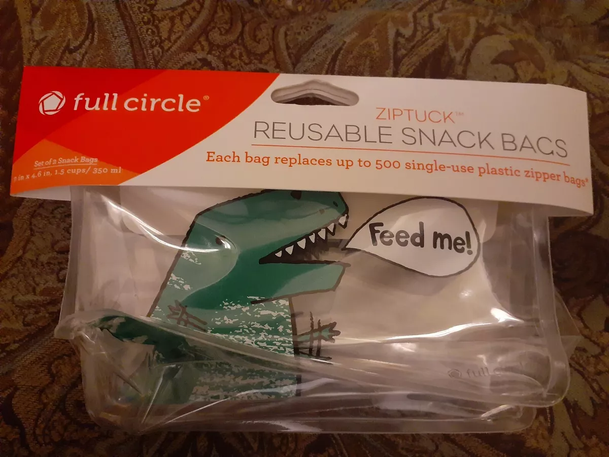 Full Circle ZipTuck Kids Reusable Snack Bags Dinosaur Set of 2 Feed Me !