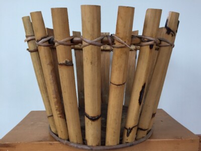 Vtg Italian Boho Wicker Bamboo Wood Stalks Round Planter Potter 13x11 Porch Pot