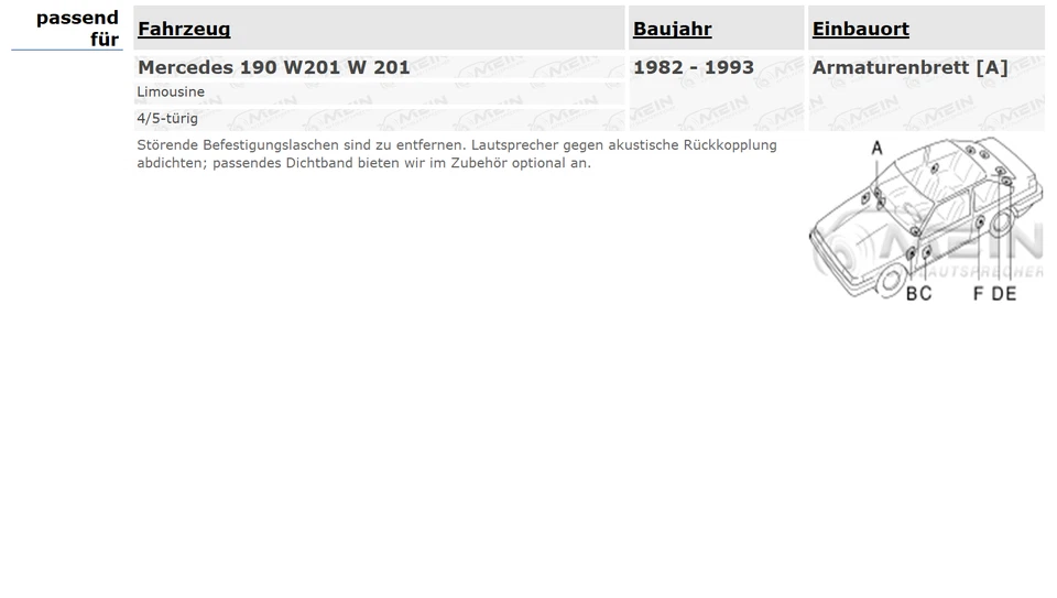 GROUND ZERO LAUTSPRECHER für MERCEDES 190 W201 W 201 Armaturenbrett 100W #BM7E - Bild 2 von 2