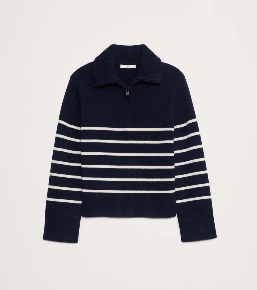 Banana Republic 100% Cashmere Half-Zip Sweater Navy Blue White Stripe XS Collard - Image 4 of 4