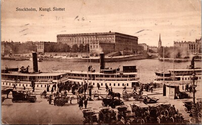 Postcard Busy Shipping Dock Scene Stockholm Kungl. Slottet Palace Sweden