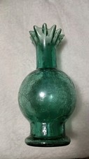 Vintage Green Hand-Blown Crackle Glass Vase 10" Rippled Top Round