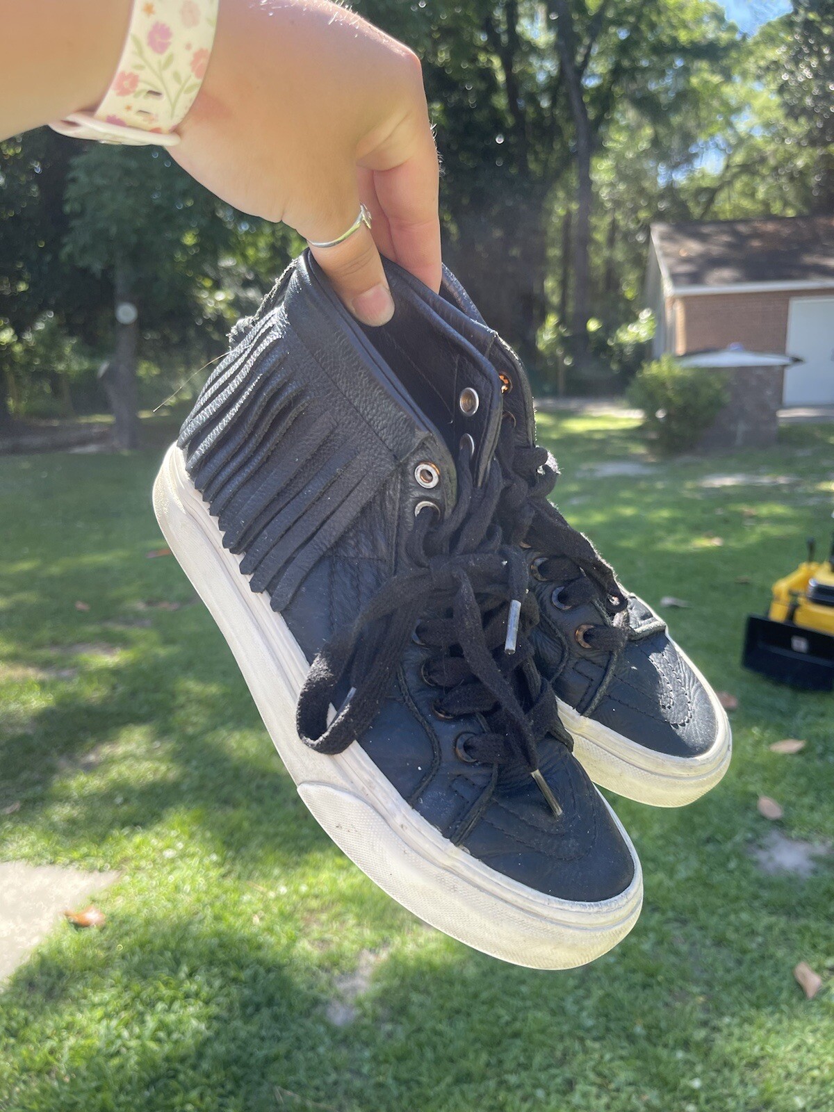 Vans Sk8-Hi Top Sneakers Moccasin Leather Black Fringe Women's