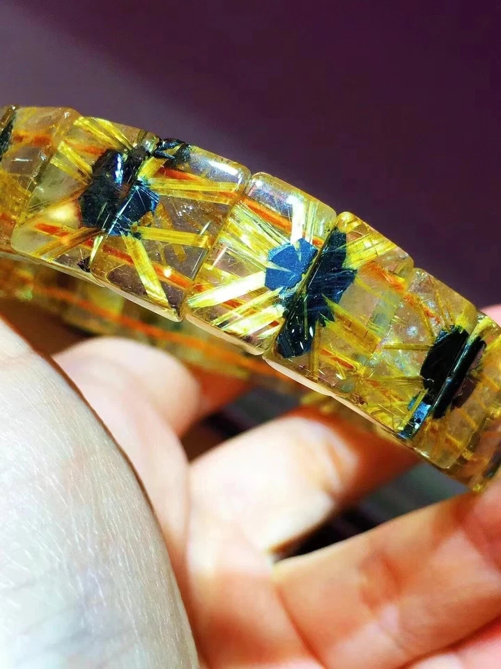 Brazalete de cuentas rectangulares de cuarzo de titanio rutilado oro natural 14x9 mm AAAA Foto 3 de 4