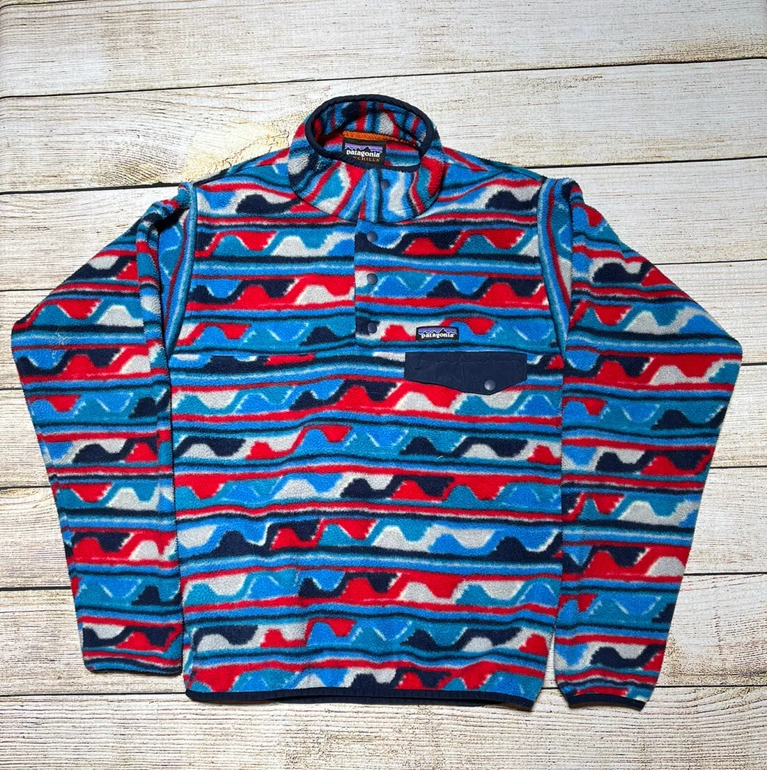 Patagonia Men’s Synchilla Snap-T Fleece Pullover Size X-SMALL Aztec Red/Blue