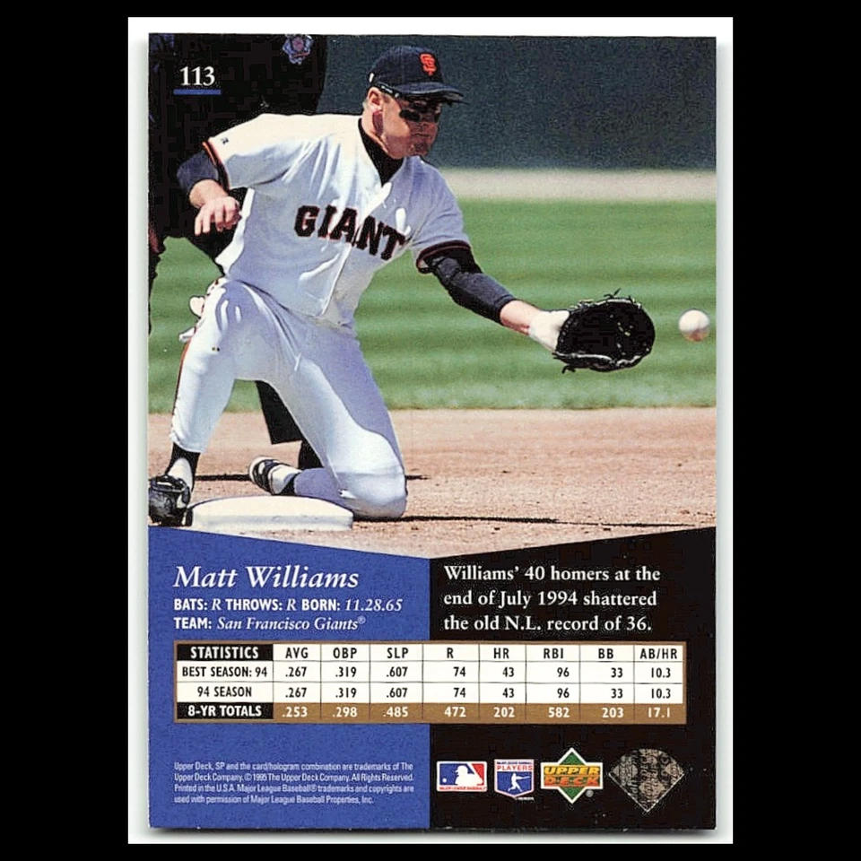 Matt Williams #113 1995 Upper Deck SP San Francisco Giants Baseball Card MLB NM - Image 2 of 3