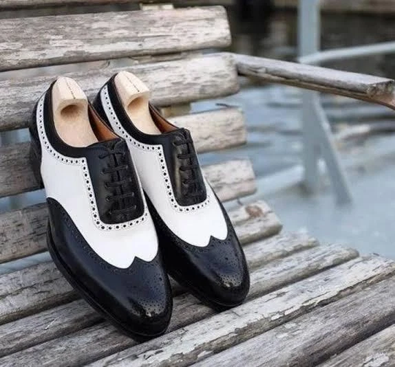 Bespoke Handcrafted Black And White Leather Oxford Lace Up Wingtip