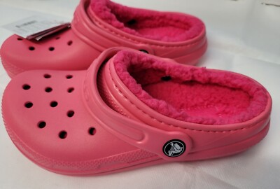 NEW Crocs Classic Lined Clog  Size J2 Pink Fur Lined Clog Fuzzy Warm Slippers