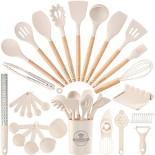 39 PCS Silicone Kitchen Utensils Set with Wooden Handle, Heat Resistant, BPA Fre