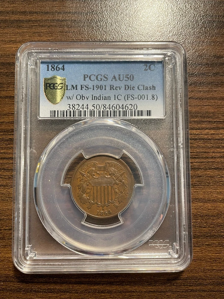 1864-P Two Cent Piece LM FS-1901 Reverse Die Clash w/Obv Indian Cent PCGS AU 50 - Image 2 of 4