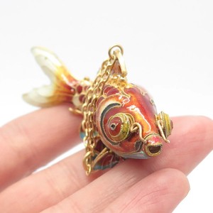 Authentic 925 Sterling Silver Antique Gold Plated Enamel Chinese Koi Fish Chatelaine Fob