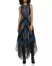 BCBGMAXAZRIA Rebecka Lace  Tulle Gown Dress Blue Black Nude Sheer Size 0