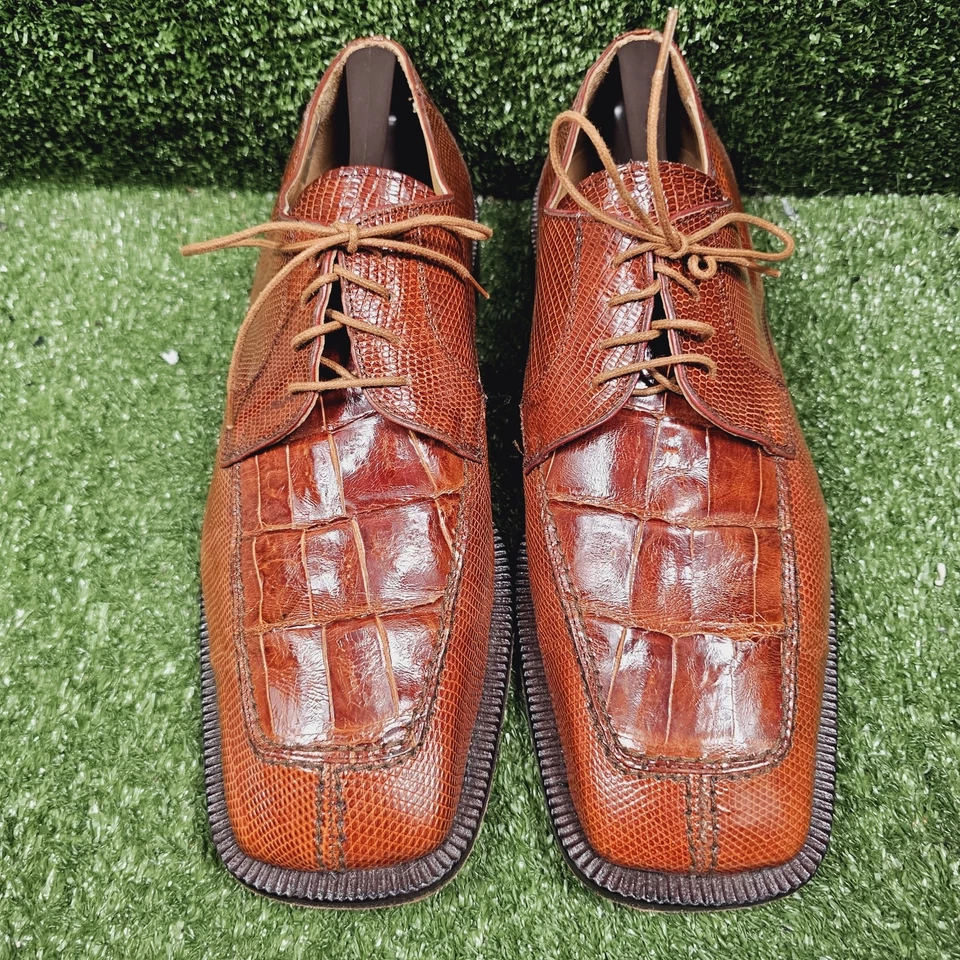 Zapatos de vestir Oxford David Eden marrón de cuero de cocodrilo punta cuadrada para hombre talla 12 Foto 2 de 4