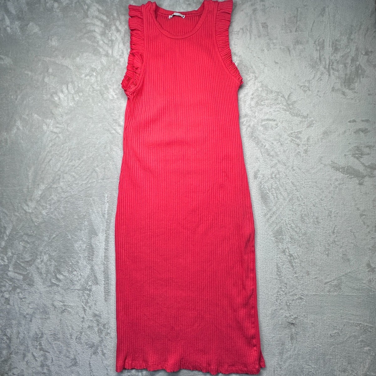 Zara Midi Dress Womens XL Pink Ribbed Knit Stretch Ruffle Sleeve Round Neck  | eBay