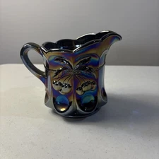 Mosser Cherry And Cable Blue Iridescent Blue Amethyst Carnival Glass Creamer