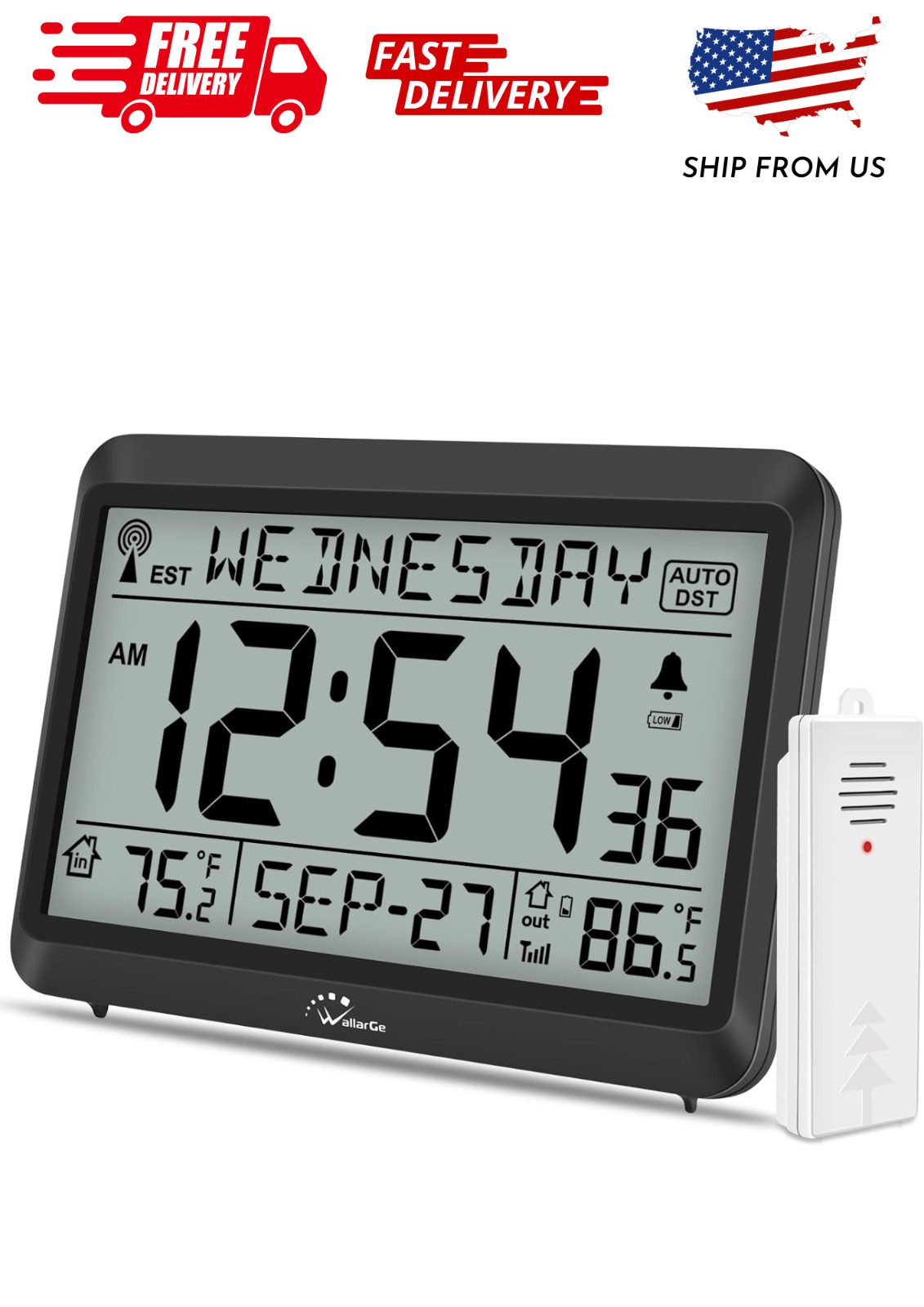 WallarGe Atomic Clock with Indoor Outdoor Temperature, Self-Setting Digital Wall