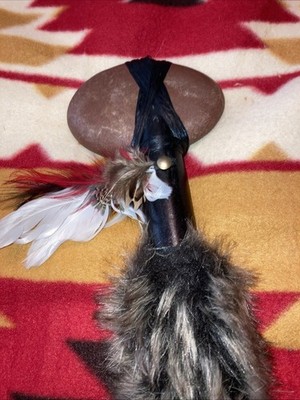 Native American Indian STONE Club TOMAHAWK w/ Fur Feathers Beads NAVAJO Handmade