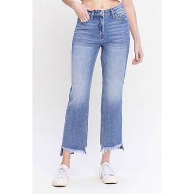 Flying Monkey Norah High Rise Frayed Hem Straight Jeans Medium Blue