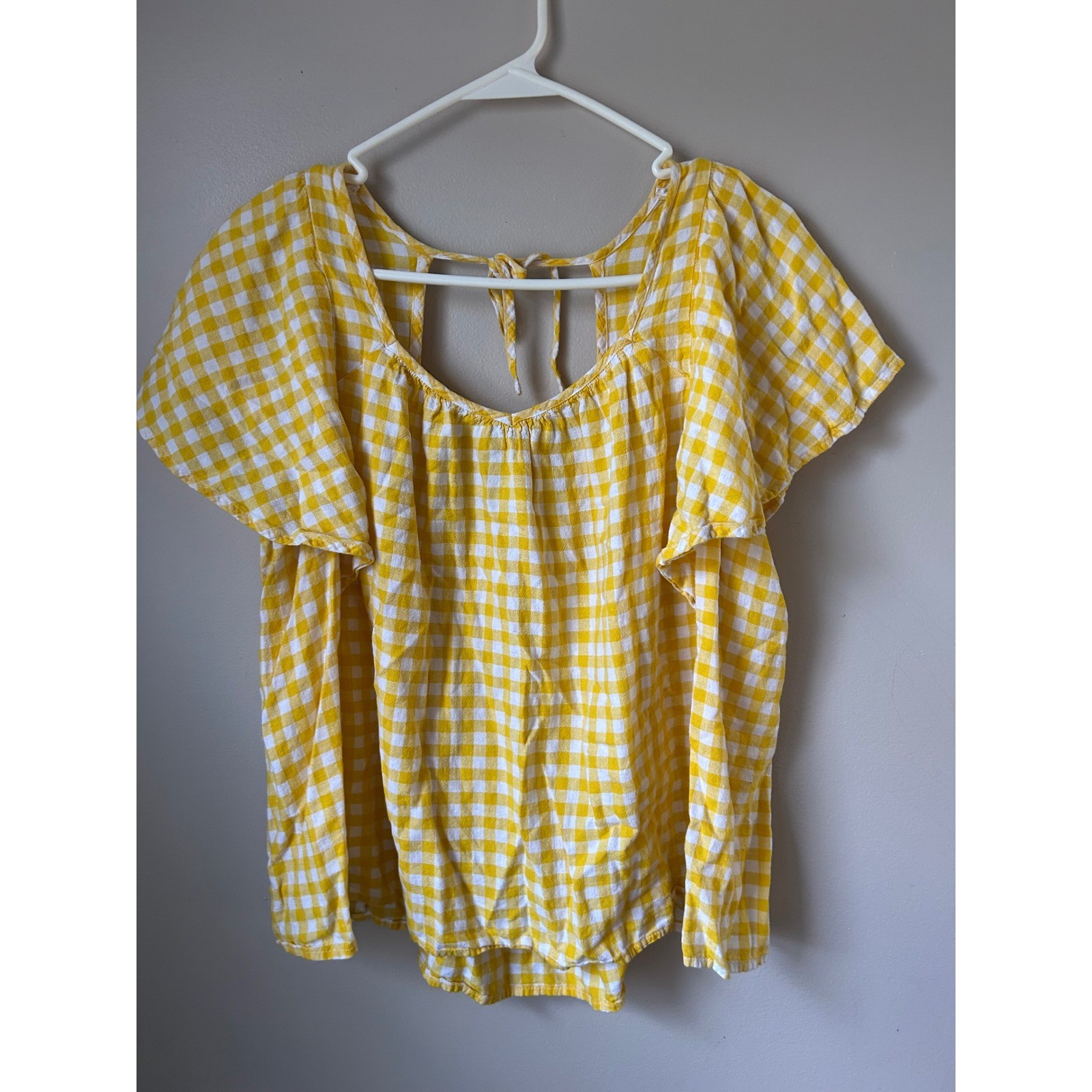 Yellow White Gingham Square Neck Flutter Sleeve  … - image 1