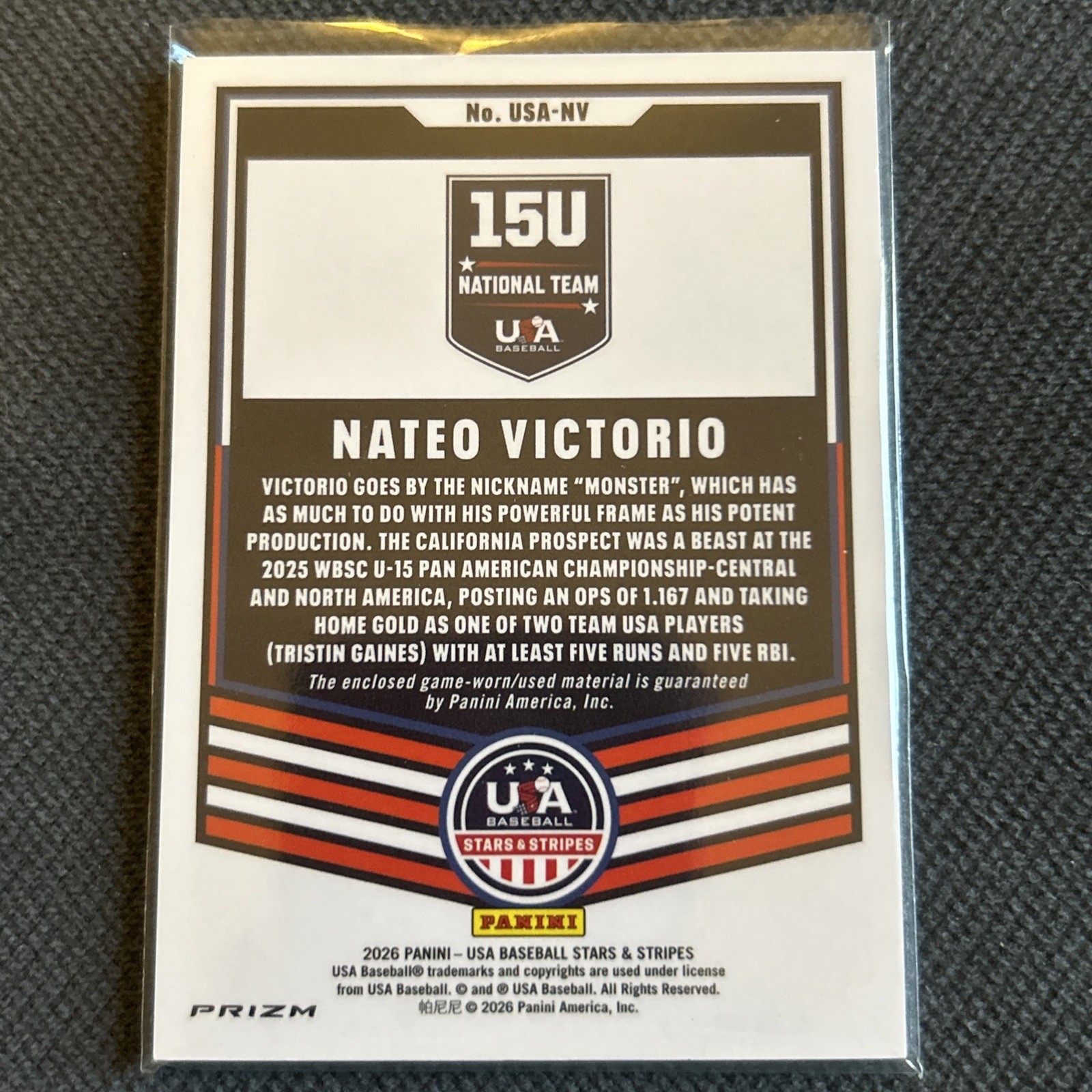 2026 Panini Stars & Stripes Prizm Baseball Nateo Victorio Game Used Jersey Card view 2