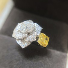 New Flower Design Square Yellow Citrine Gemstone Women Girl Silver Charm Ring