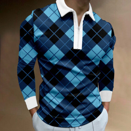 Polo Shirts Men Casual Long Sleeve Print Zip Collar Slim Fit Golf Lapel Top - Picture 22 of 38