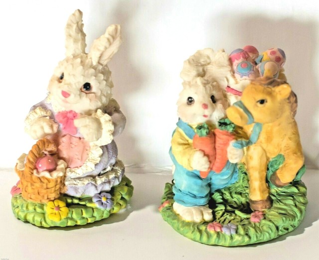 Easter Bunny Set of 2 Vintage Resin Figurines Easter/Spring Decor EUC