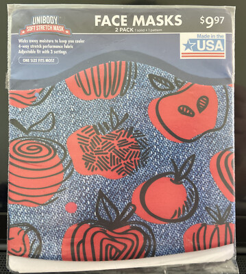 2 Pack Unibody Soft Stretch Face Mask One Size Fits Most Made In USA Blue Apples