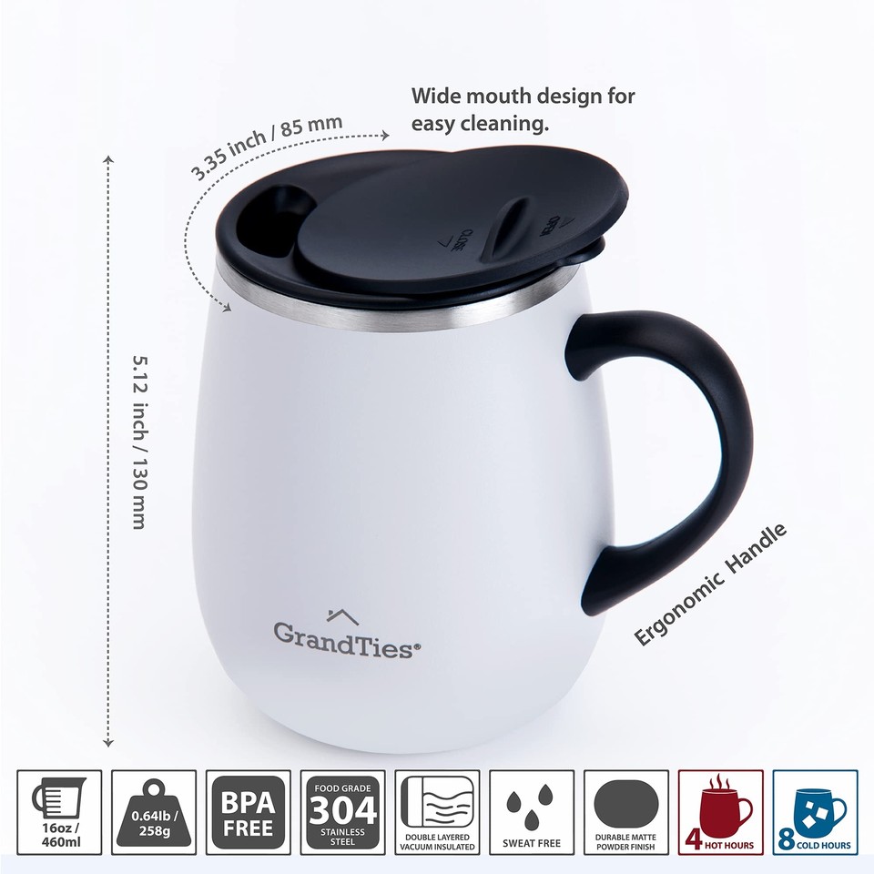 GRANDTIES Insulated Coffee Mug with Handle Sliding Lid for Splash