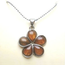 20MM GENUINE INLAID KOA WOOD BRASS HAWAIIAN PLUMERIA FLOWER PENDANT 18" NECKLACE