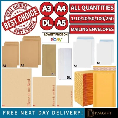ENVELOPES PADDED BUBBLE LARGE LETTER CARDBOARD BROWN WHITE POSTAL UK A3 A4 A5 DL