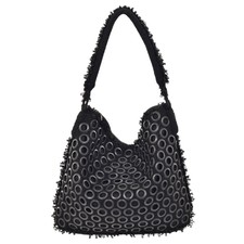 St. John Knits "gesso" Rivet Fringe Knit Handbag In Black Large Shoulder Bag
