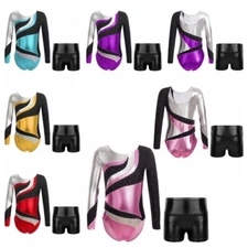Kids Girls Unitard Ballroom Bodysuit And Bottoms Sparkle Leotard With Shorts