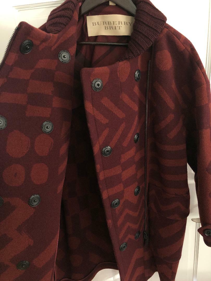 Burberry Brit Oversize Burgundy Red Coat Jacket Geometric Shape Print Size S