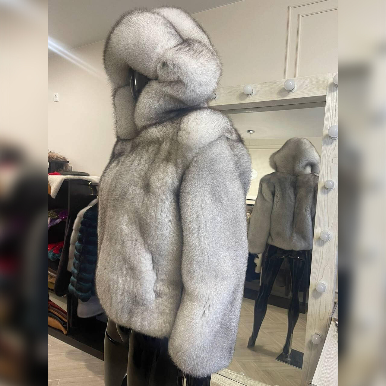 New Mens Full Skin Natural Fox Fur Overcoats Hooded Winter Thick Real