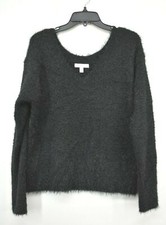 Cheslea 28 Womens Black Long Sleeves V-Neck Fuzzy Eyelash Knit Metallic Sweater