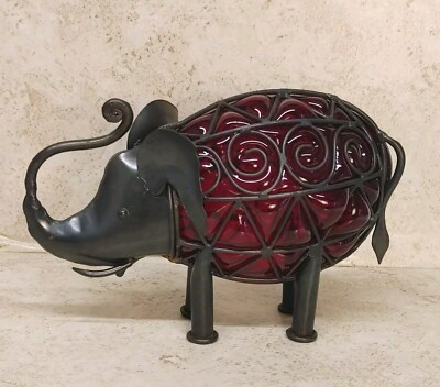 Vintage Metal Elephant Red Caged Glass Statue Rustic Trunk Up Decor Bohemian 