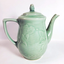 Chinese Longquan Celadon Porcelain Green Teapot Embossed Koi Fish Lotus design
