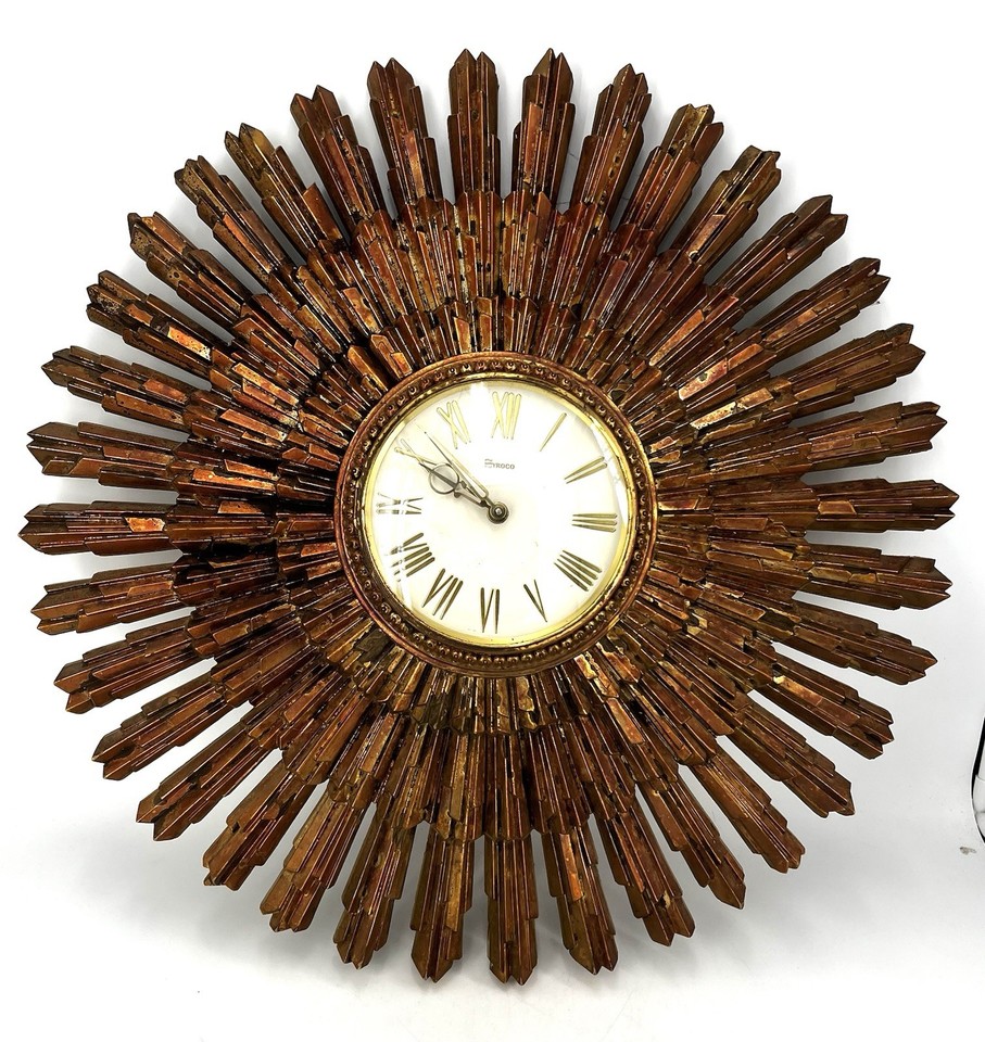 1969 MCM vintage SYROCO Sunburst  ATOMIC STARBURST Large 22.5" WALL Clock WORKS