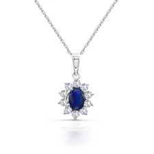 14K White Gold Blue Sapphire and Diamond Pendant Necklace 18" Gift for Her