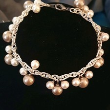 VTG Slv Tone Rope Chain Charm bracelet w Whit...