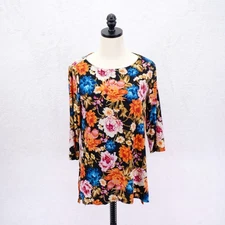 JM Collection Black Orange Pink Blue Floral Embroidered 3/4 Sleeve Top PM Petite