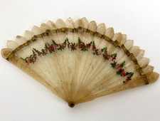 Antique Carved Horn Hand Fan French 19th Century Hand Painted Roses