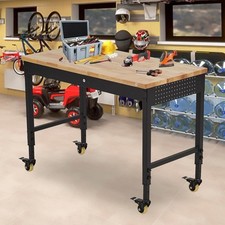 Adjustable Height Workbench 60"L x 22"W Work Bench Table w/ Power Outlets Wheels