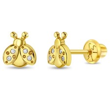 14k Gold Ladybug Clear CZ Kids / Children's / Girls Earrings Safety Screw Back