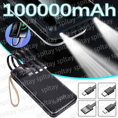 100000mAh Power Bank USB C Ladegeräte Zusatzakku mit 4 Kabel Für iPhone Samsung