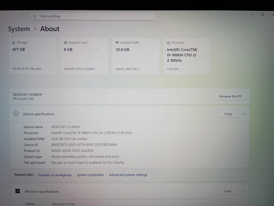 MSI P65 Creator 9SF i9 9th Gen 32GB Ram 512SSD NVIDIA RTX 2070 Windows 11 Pro - Image 4 of 4
