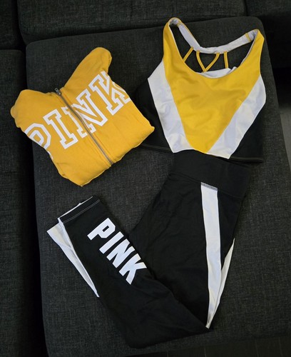 PINK Victoria's Secret 3-Piece Colorblock Sweatsuit Set Yellow Black Size L