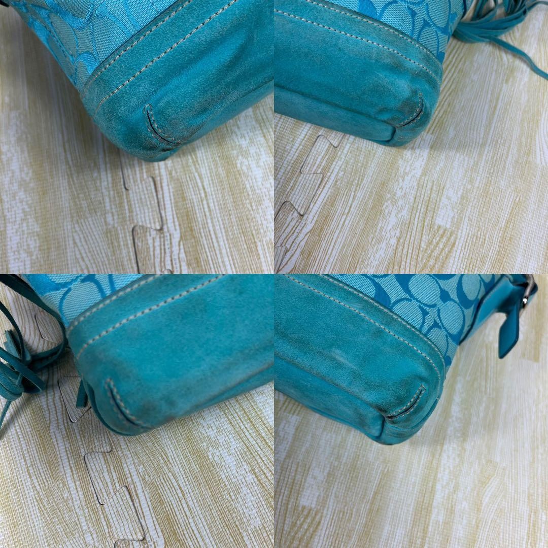COACH Signature Blue Canvas Suede Shoulder Bag Fringe Tassel